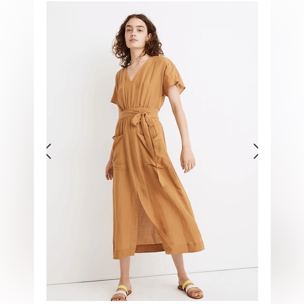 Madewell Linen-Blend Dolman-Sleeve Tie-Waist Midi Dress